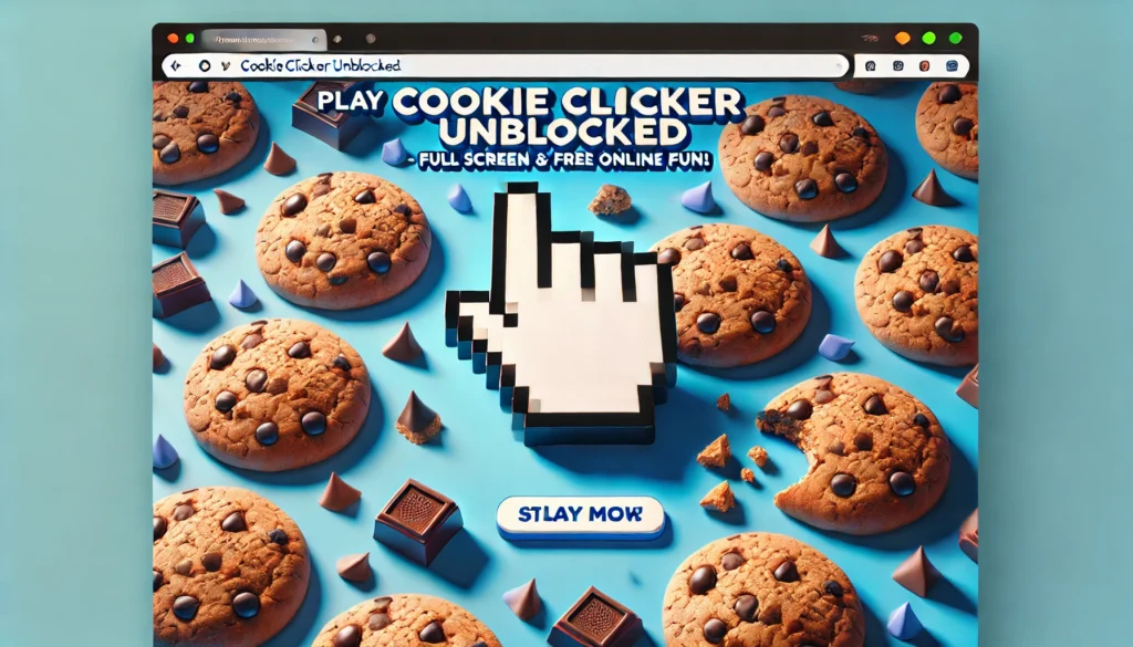 DALL·E 2024-11-13 19.40.28 - A mock-up of a website header for 'Cookie Clicker Unblocked' featuring large, realistic chocolate chip cookies with a pixelated hand cursor clicking o