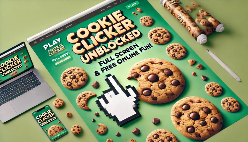 DALL·E 2024-11-13 19.51.28 - A mock-up of a website header for 'Cookie Clicker Unblocked' featuring large, realistic chocolate chip cookies with a pixelated hand cursor clicking o